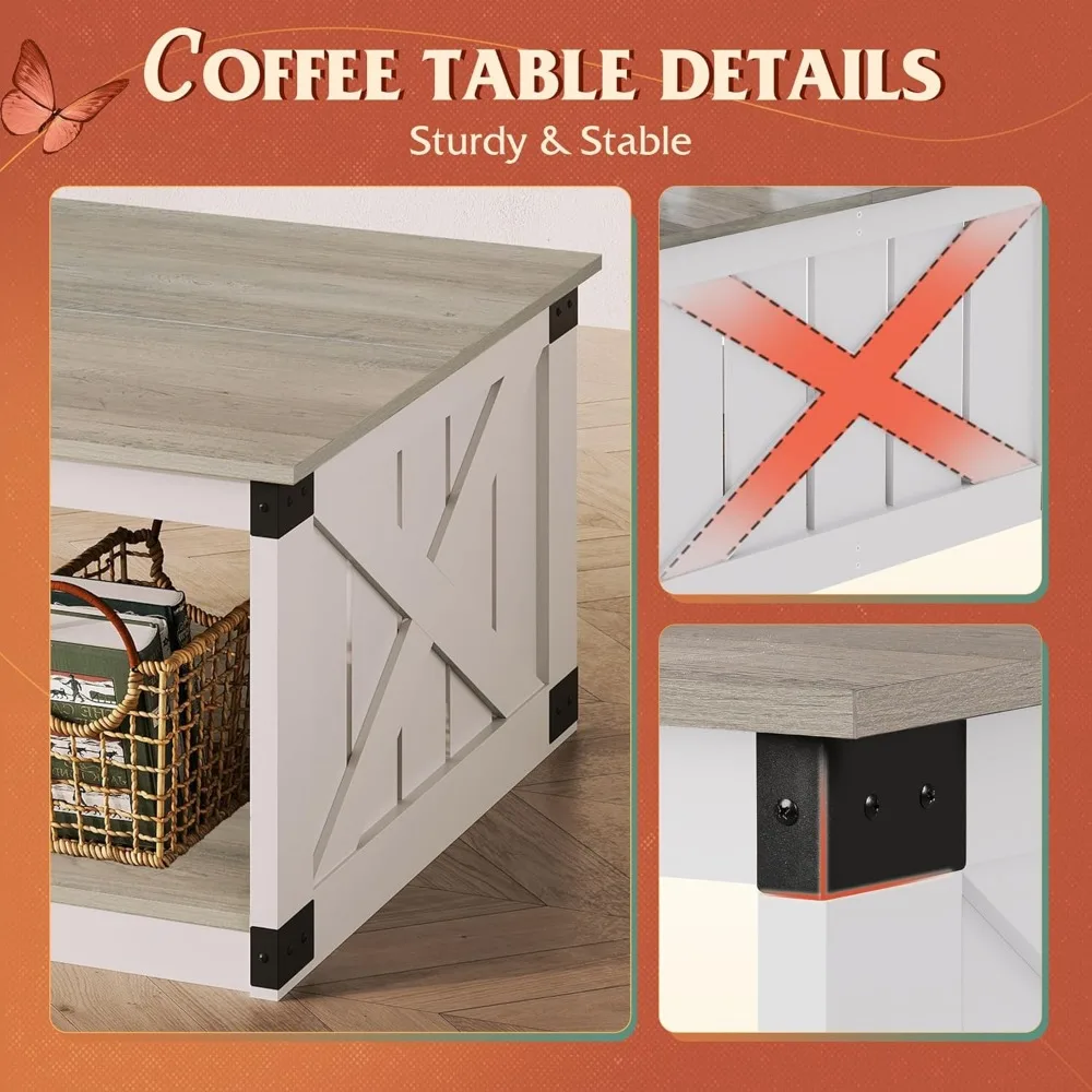 Farmhouse Coffee Table for Living Room, 31.5" Square Wood Coffee Table with Storage, 2-Tier Rustic Center Table with Sturdy X-F