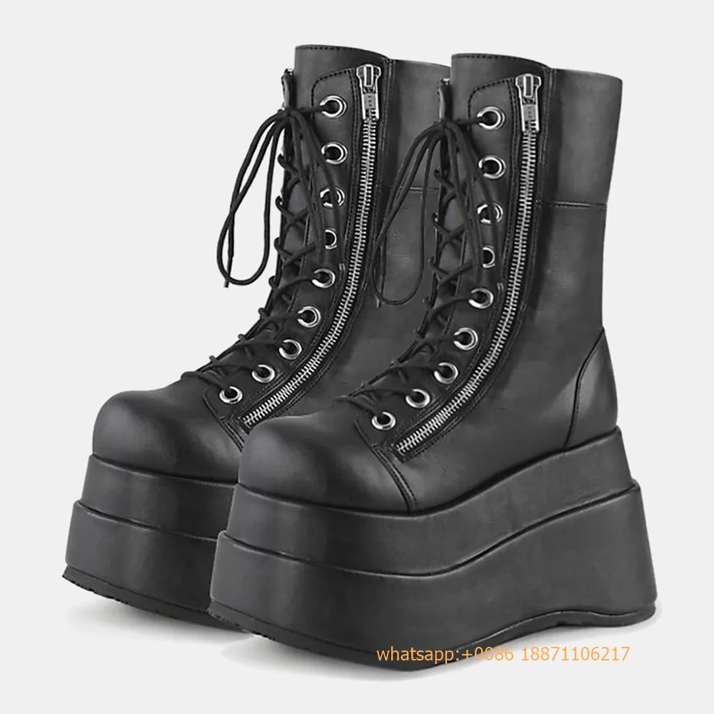 

Platform Punk Women's Motorcycle Boots Autumn New Street Rock Round Wedge Heel Lace-Up Gothic Boot Black Sports Casual Zip Boots