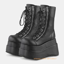 Platform Punk Women's Motorcycle Boots Autumn New Street Rock Round Wedge Heel Lace-Up Gothic Boot Black Sports Casual Zip Boots