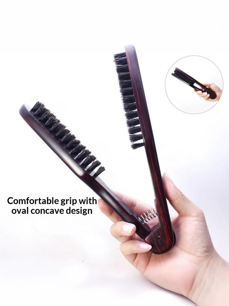 

V-Shape Straightening Comb Paddle Brush Anti-Static Boar Bristle Hair Straightener Styling Tool For Smoothing & Detangling"