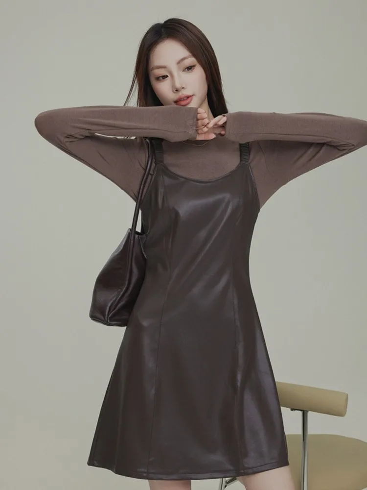 Vintage Brown Leather PU Slip Dress With O-neck Long Sleeve T-shirts Cotton Blend Tee Top + Short Dress New Fall Two Piece Set