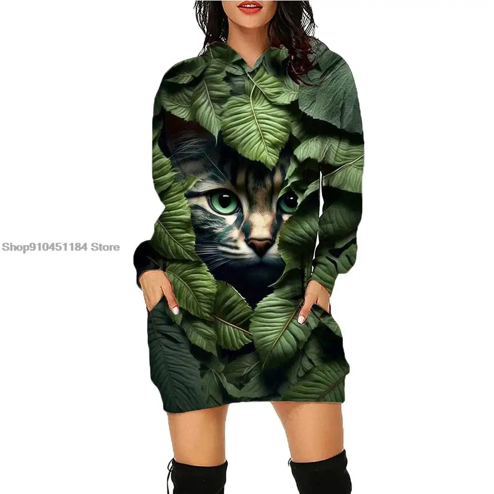 Autumn Winter Cute Cat Fashion Women Hoodie Dress Daily Versatile Retro Hoodies Casual Pullover Loose Street Sweatershirt Top