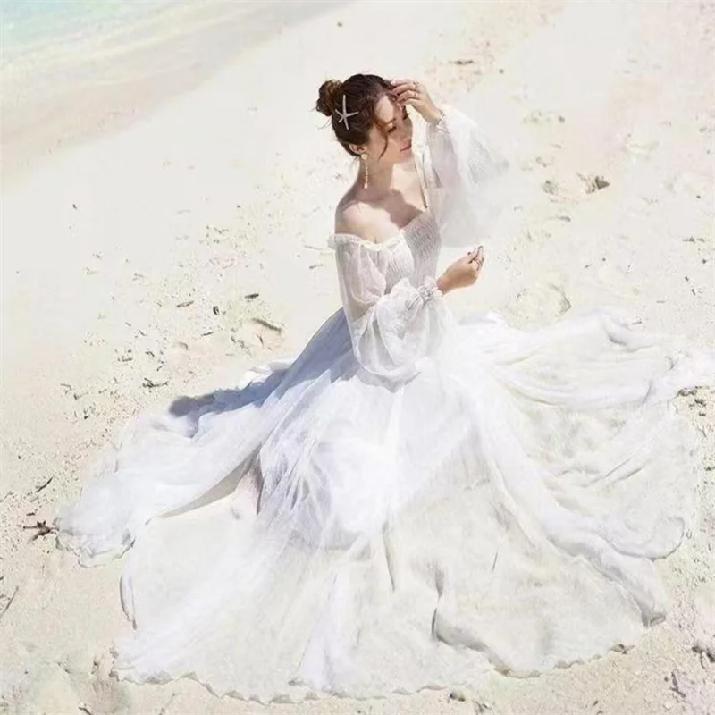 오프숄더 드레스 졸업 가운 화이트 여름 프렌치 스타일 티 파티 보헤미안 맥시 롱 슬리브 우아하고 시크한 웨딩 게스트 비치