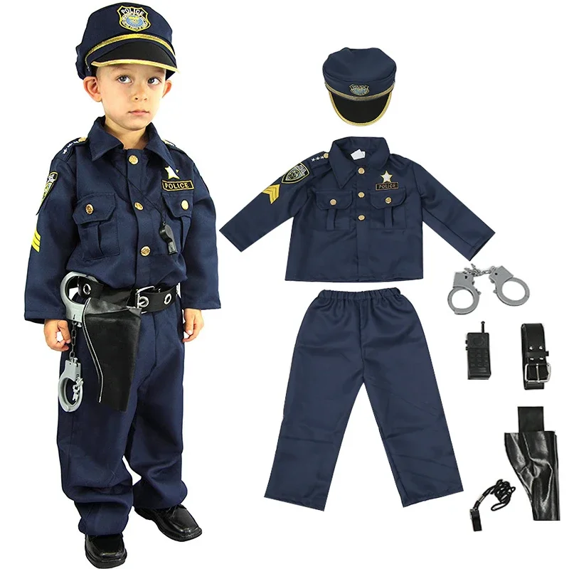 Police Officer Halloween Costume for Kids Boys America Police Set Shirt Pants Hat Belt Whistle Gun Holster Walkie Talkie Cop Set