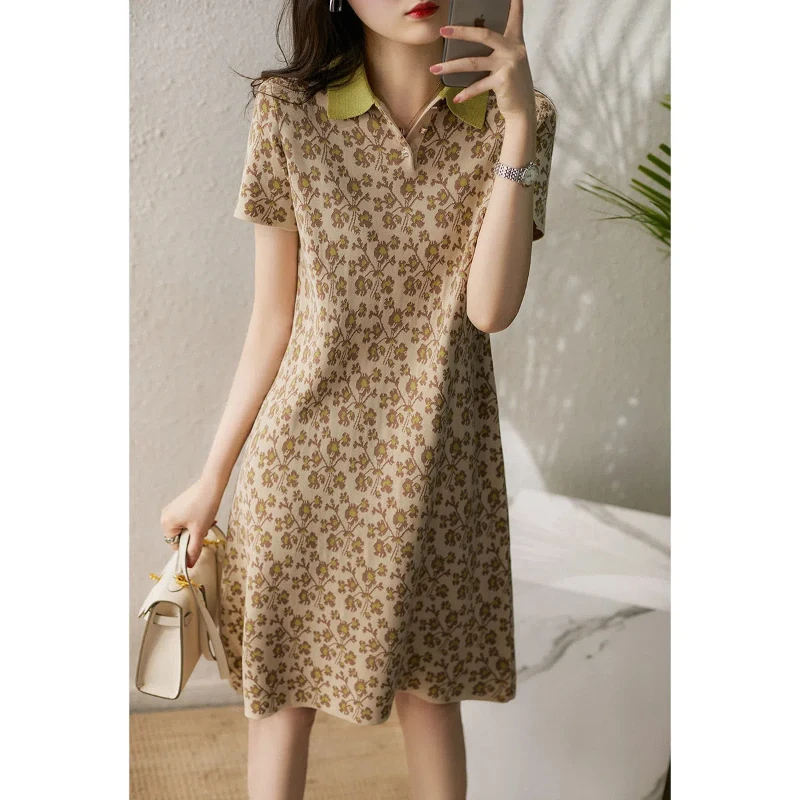

Summer New 2024 Polo-Neck Vintage Printed Fashion Atmosphere Short Sleeve Loose Midi A-Line Casual Comfortable Ladies Dresses