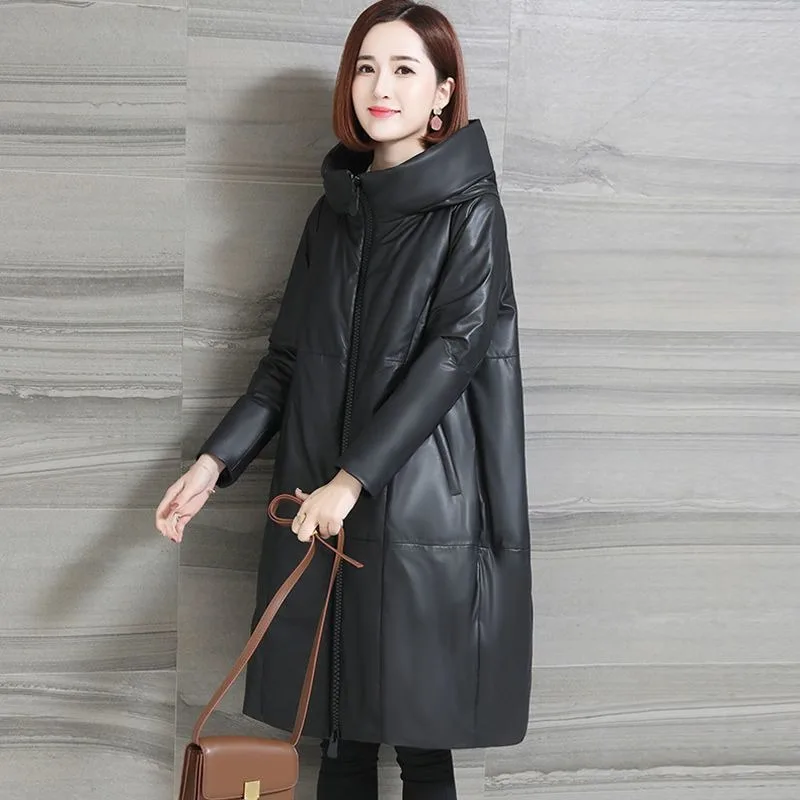 2023 Autumn Winter New Medium Length Plus Fleece Thickened Warm Large Size Slim Loose Simple Commuter Pu Leather Coat Woman