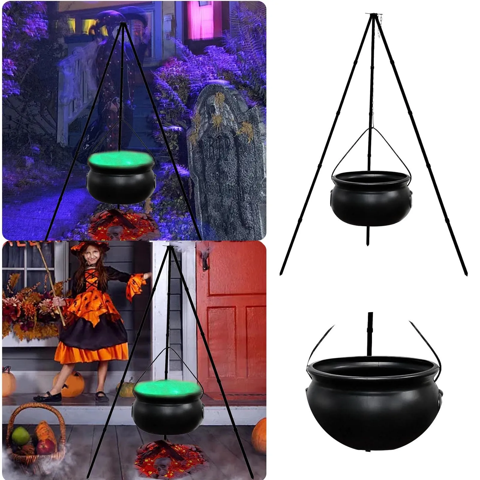 

Halloween Outdoor Decorations Witch Cauldron With Light On Tripod Stand Black Plastic Bowl Decoration Candy Vinyl Wall Base 120