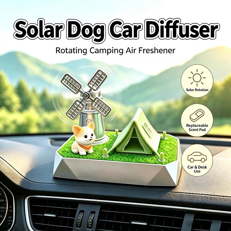 Solar-Powered Car Air Freshener with Rotating Windmill Cute Dog Camping Tent Design Long-Lasting Fragrance Indoor Car Decor