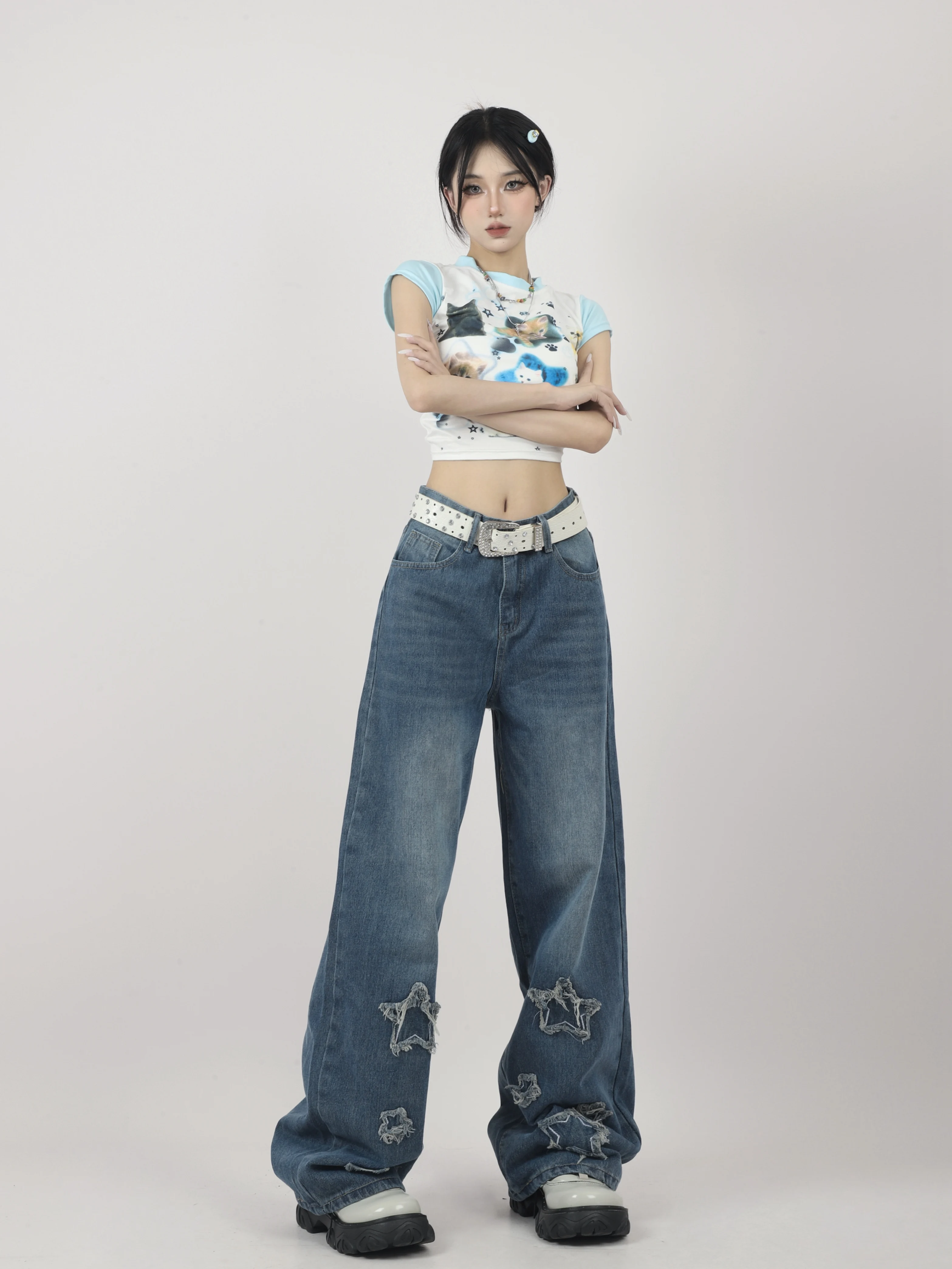 WCFCX STUDIO High Waist Slim Solid Color Wide Leg Y2k Autumn High Street Simple All-match Pants Star Patchwork Design Sense Jean