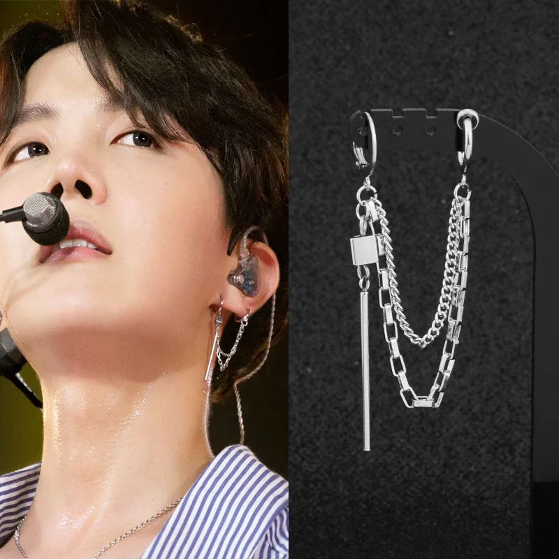 Pendientes colgantes de acero inoxidable para hombre y mujer, colgante de estrella y Luna, borla larga, aretes de aro Unisex, joyería Kpop Suga