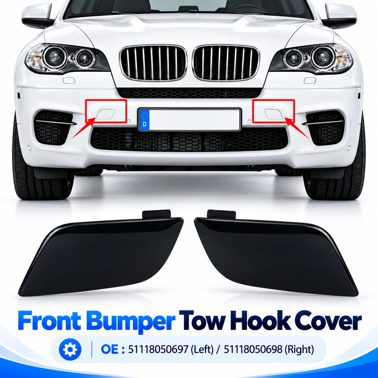 2Pcs Left Right Tow Hook Eye Cover Clip-on Bumper Trailer Cap For BMW X5 E70 LCI M Sport 2010-2013 OE 51118050697 51118050698