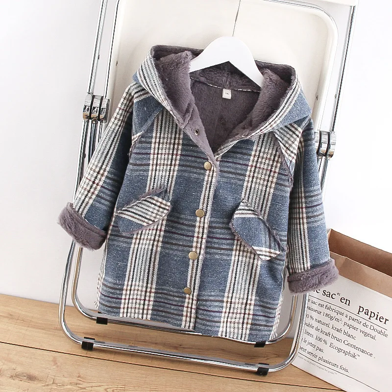 

Girls Woolen Coat Jacket Cotton Outwear 2022 Plaid Warm Thicken Plus Velvet Winter Autumn High Quality Children's Clothing