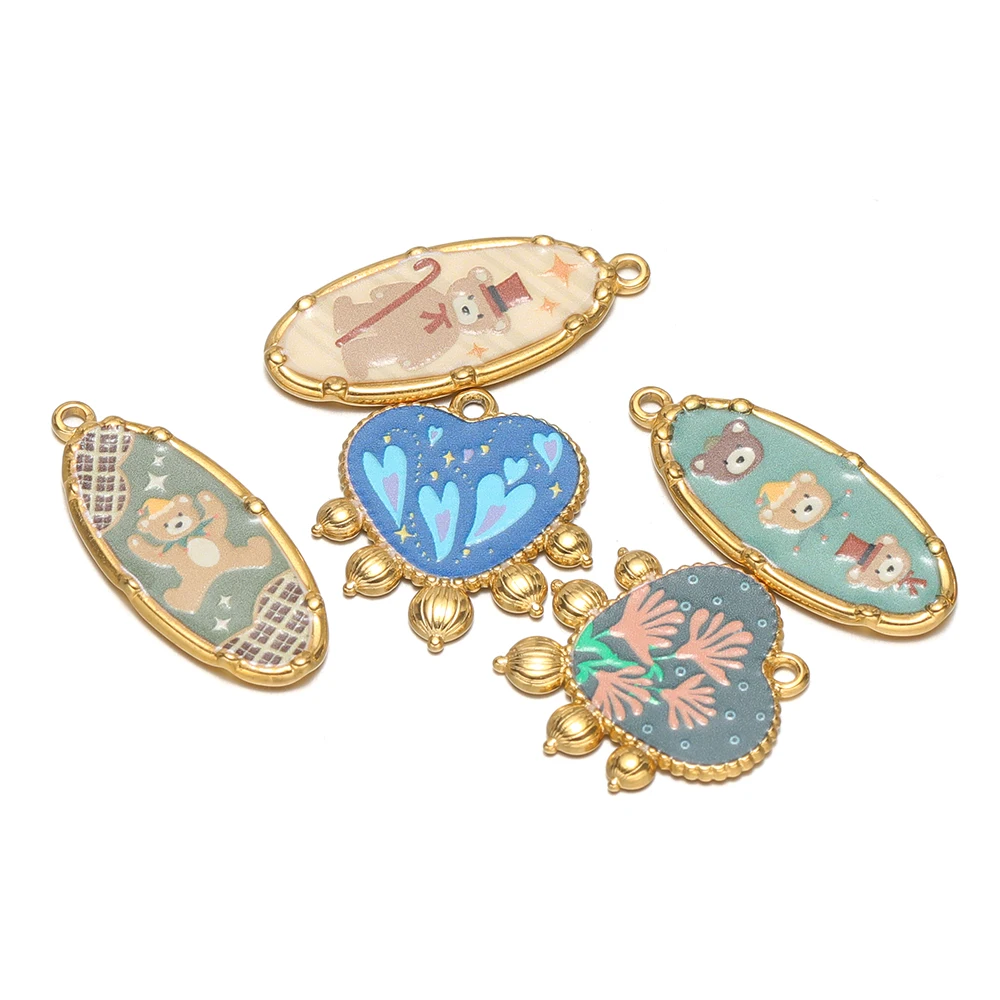4pcs Stainless Steel Enamel Flower Bear Charms for DIY Children Jewelry Necklace Pendants Making Earrings Bracelet Accessories