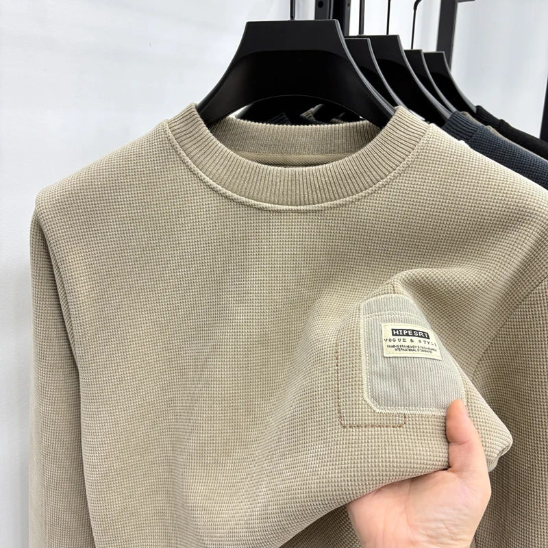 

men's autumn winter fleece-lined long sleeves hoodie round neck patch keep warm pullover fashion anti-pilling men's clothing