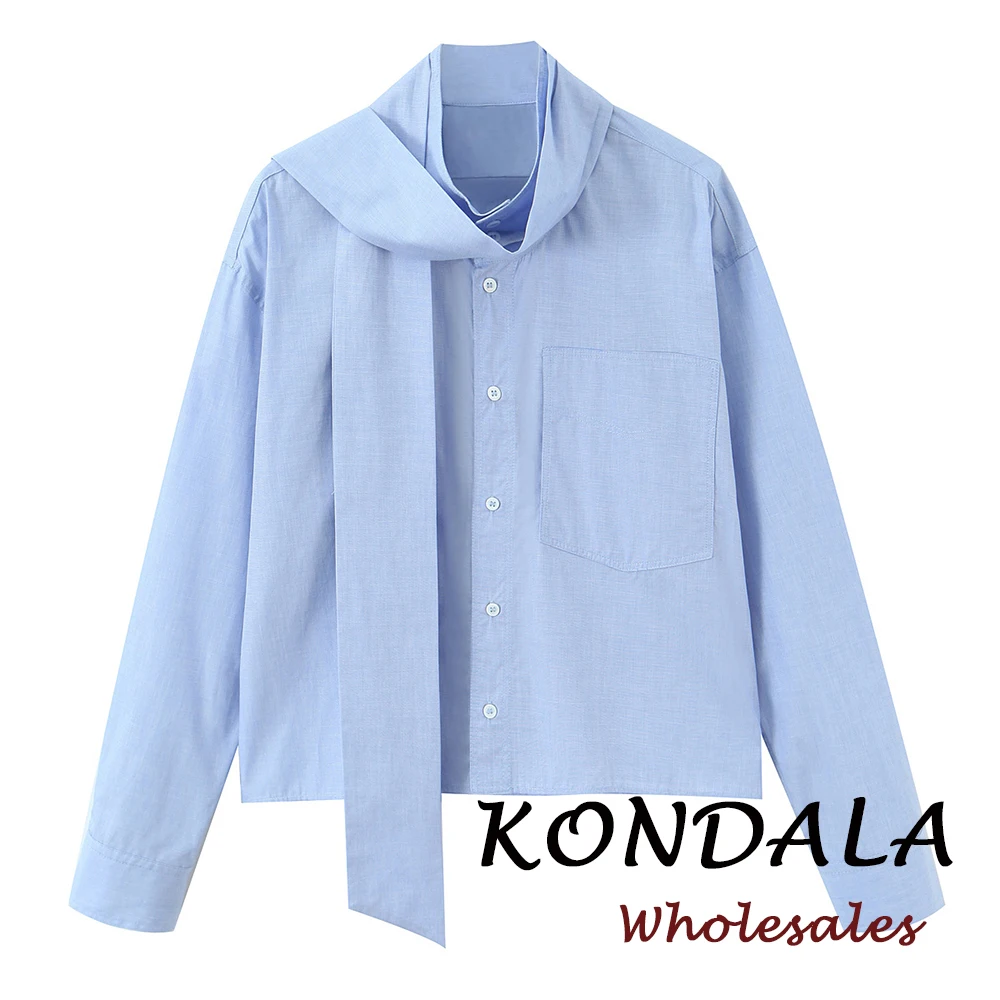 KONDALA Vintage Einfarbig Blaue Schleife Damen Streetwear Frühling Casual Hemden Mode 2026 Langarm Einreihige Damen Schicke Hemden
