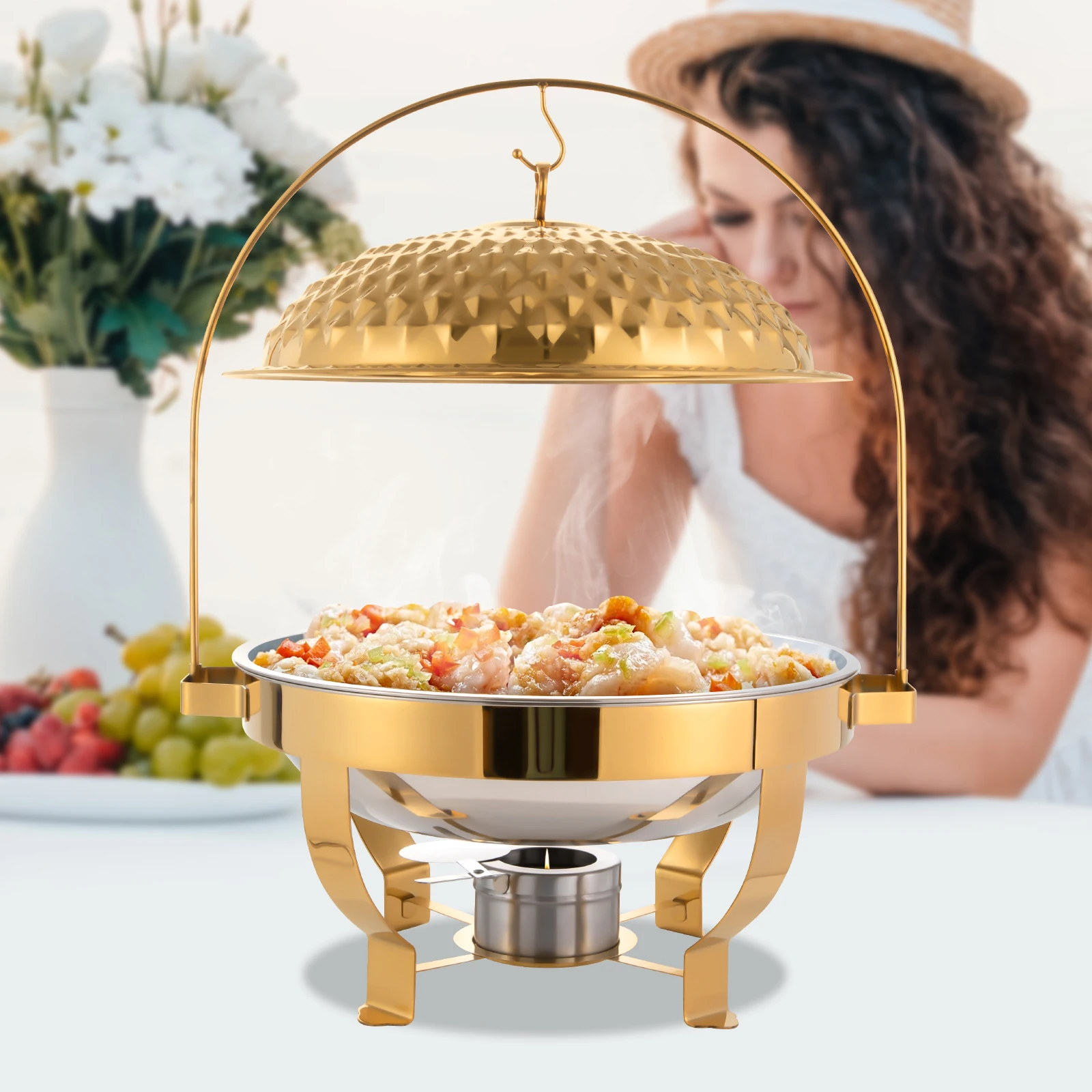 8L Commercial Round Hanging Lid Dining Stove Party Chafing Dish Home Countertop Stainless Steel Buffet Set Gold