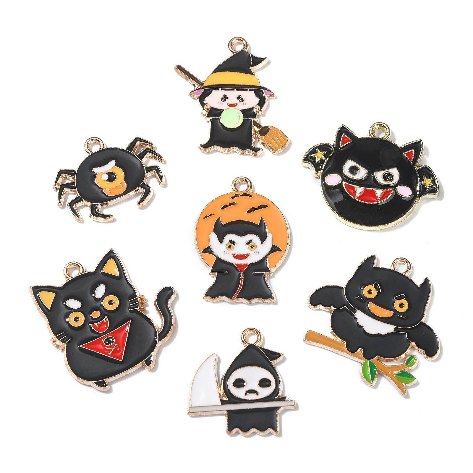 

35Pcs 7 Styles Black Enamel Halloween Charms Bat Cat Devil Ghost Owl Charms for Bracelet Necklace Halloween Jewelry Making