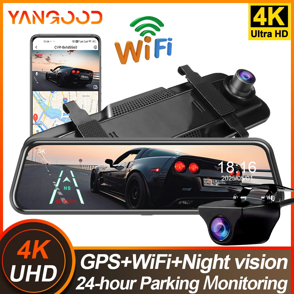 Yangood مرآة 4K داش كام 10 بوصة عدسة مزدوجة جهاز تسجيل فيديو رقمي للسيارات دعم WIFI GPS 1080P كاميرا الرؤية الخلفية مسجل فيديو الصندوق الأسود #1