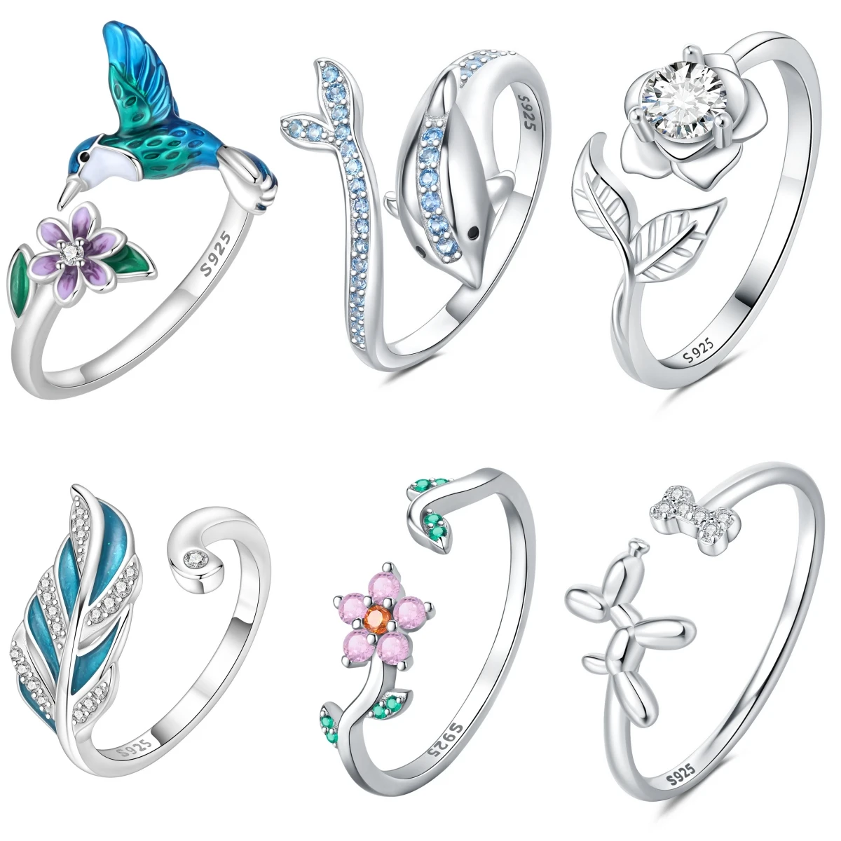 PANPOKI S925 Sterling Silber Tier- und Blumenserie Öffnungsring für Damen, originaler Fingerring, Schmuck, Party, feine, trendige Geschenke