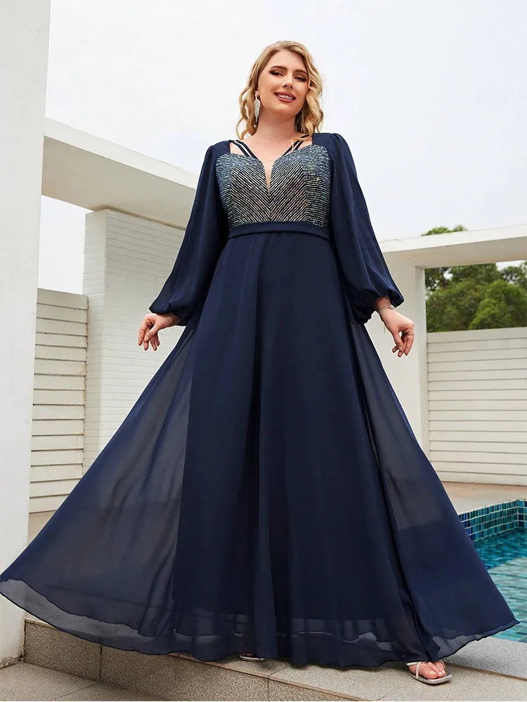 Plus Size V Neck Navy Blue Long Sleeve Floor Shiny Bridesmaid Evening Dress Big Size Sequined Luxury Long Sleeve Prom Gown