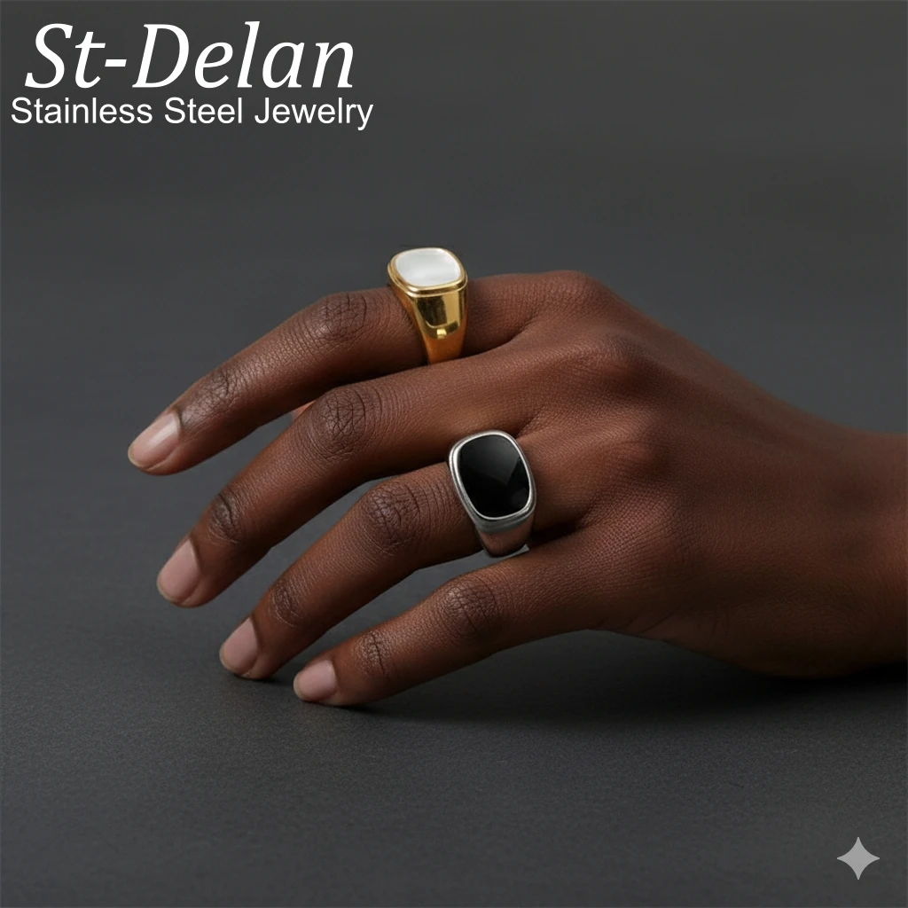 St-Delan Vintage Chunky Square Shell Ring for Women Stainless Steel Gold Tone White Black Large Party Jewelry Gift