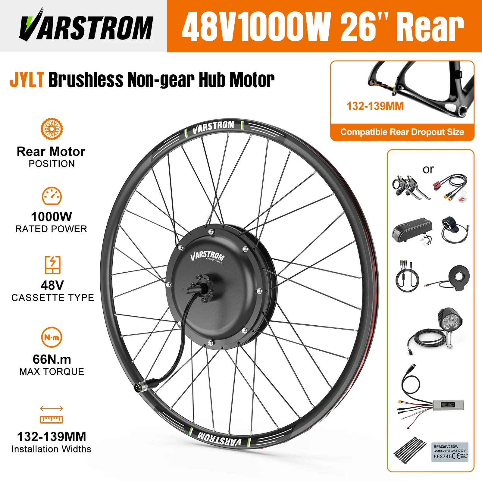 [EU Direct] Varstrom 48V1000W naafmotorset 26" 27,5" 29" 700C wielmaat Ebike-conversiekit Borstelloze tandwielloze ebike-motor - afbeelding 1