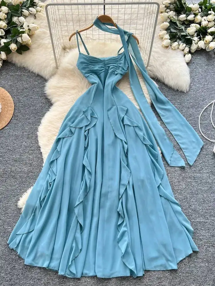 Sommer Sexy Langes Kleid Frauen Vintage Band Taille Unregelmäßigen Chiffon Strand Kleider Damen A-line Schlank Boho Lange Robe Vestidos
