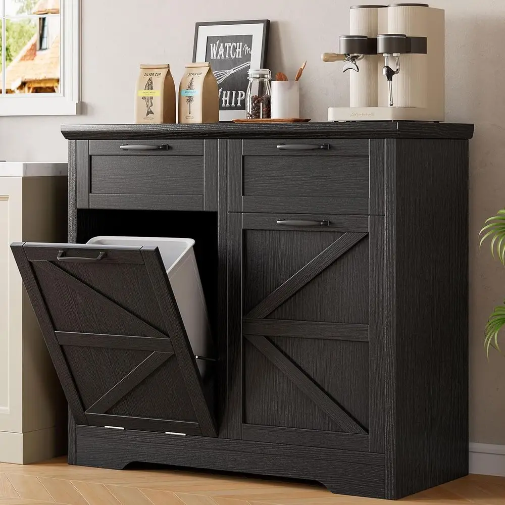 

20 Gallon Tilt Out Trash Cabinet: Push-Open Recycling Station with Drawer & Laundry Sorter - Free Standing Garbage Can Cabinet f