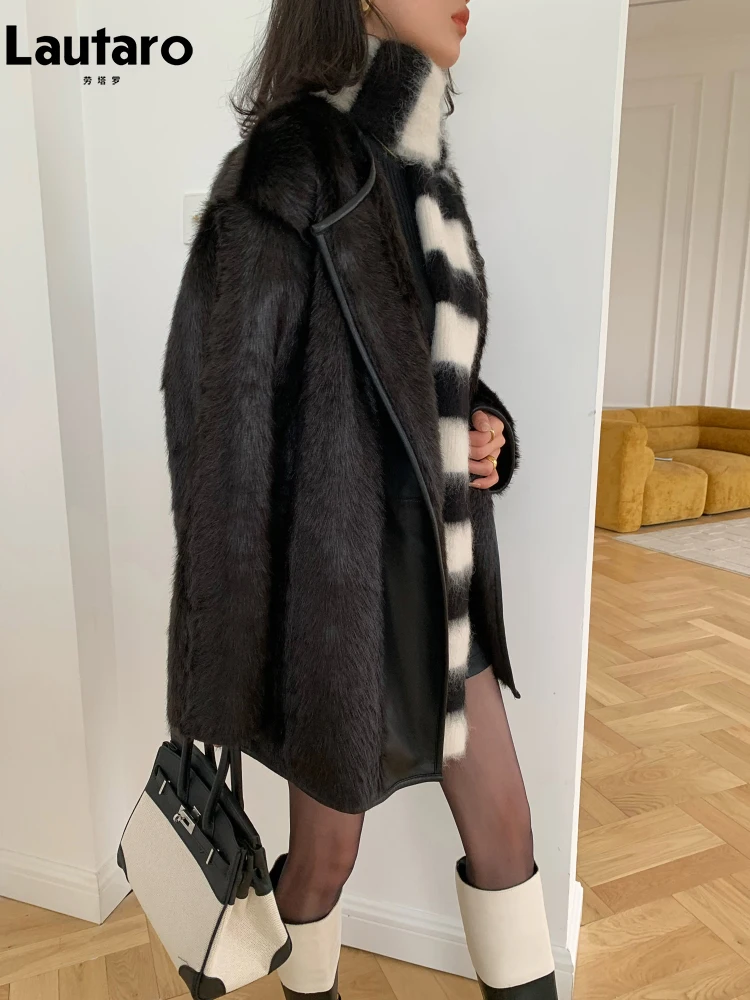 Lautaro outono inverno colorido grosso quente macio marrom falso casaco de pele de vison feminino elegante designer de luxo chique jaqueta fofa 2025