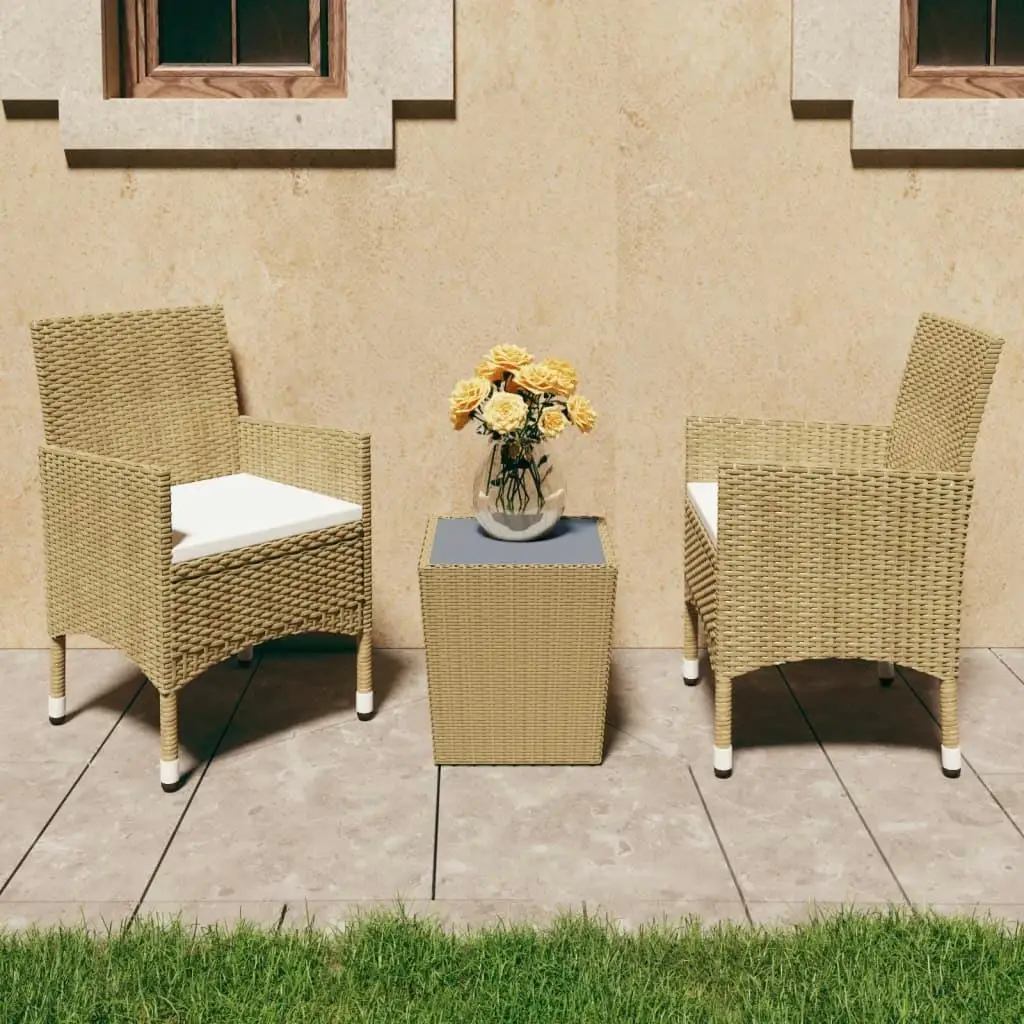 3-Piece Beige Bistro Set with Poly Rattan & Tempered Glass - Perfect Outdoor Dining Furniture