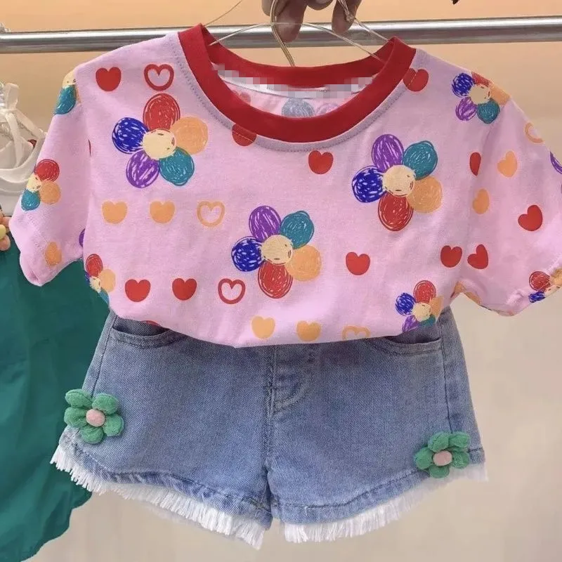 

Fashion Summer 2-6 Years Children Girls Cute Flower Print Short Sleeve Cotton Pink T-Shirt