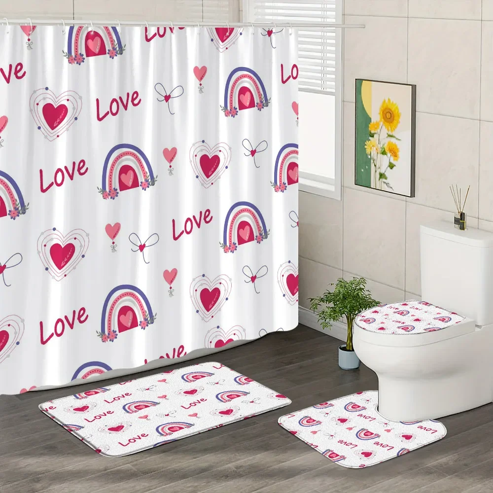 Rainbow Love Bathroom Decorative Set of Shower Curtain and Rug Bohemian Print Shower Curtains with Hooks Bath Mat Toilet Mat Set