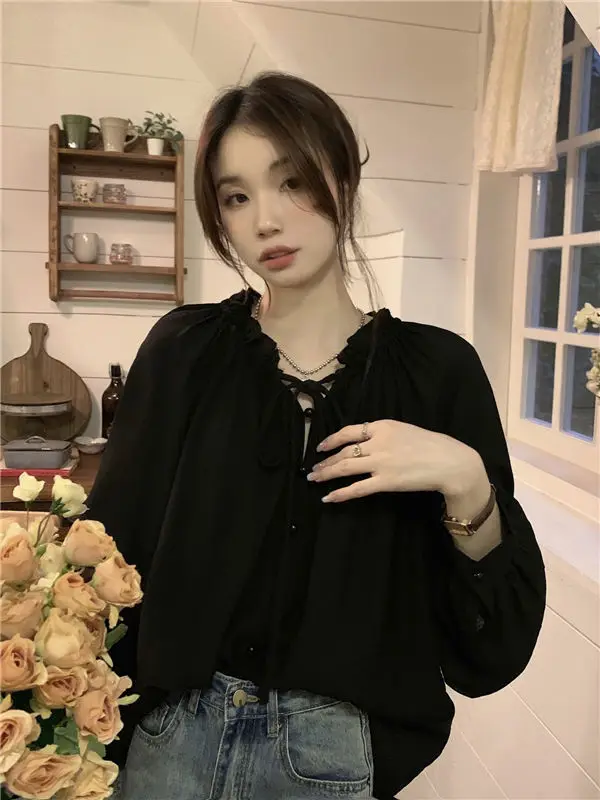 French Style Lace Up Shirt for Women New Chiffon Women\'s High-end Style Long Sleeved Short Loose Top