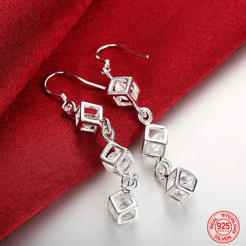 

925 Sterling Silver Square Crystal Long Drop Earrings For Women Fashion Engagement Party Jewelry Gift