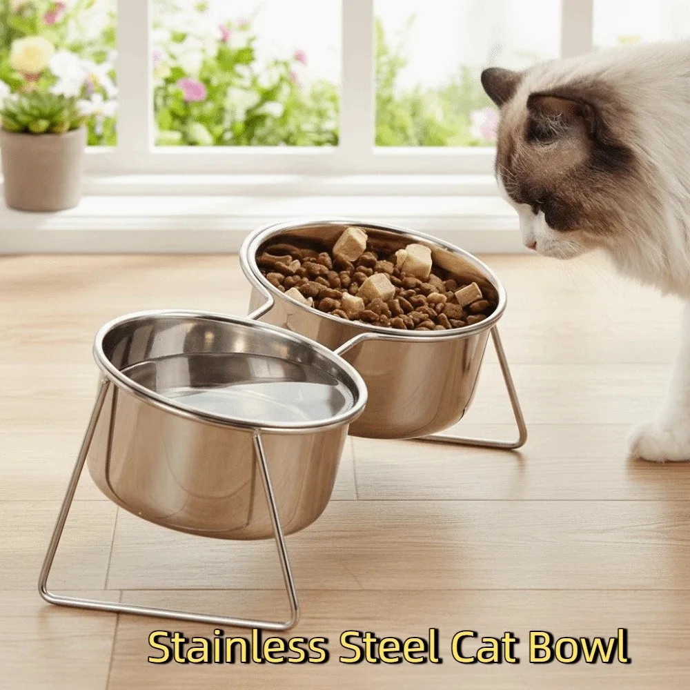 

Anti-Tipping Stainless Steel Cat Bowl Fall-Resistant Sturdy Neck Protector Bowl with Stand Anti-leak Elevated Cat Food Bowl