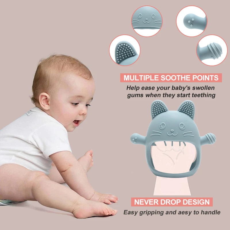 Luvas de dentição para bebês – Brinquedo de mastigar luva de silicone de qualidade alimentar, protetor de mão anti-sucção, design de coelho fofo