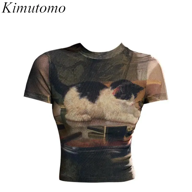 Kimutomo Y2k T Shirts Women Vintage Sexy Cartoon Cat Printed Short Sleeve Spring Summer Half High Collar Crop Tops Gothic Tshirt