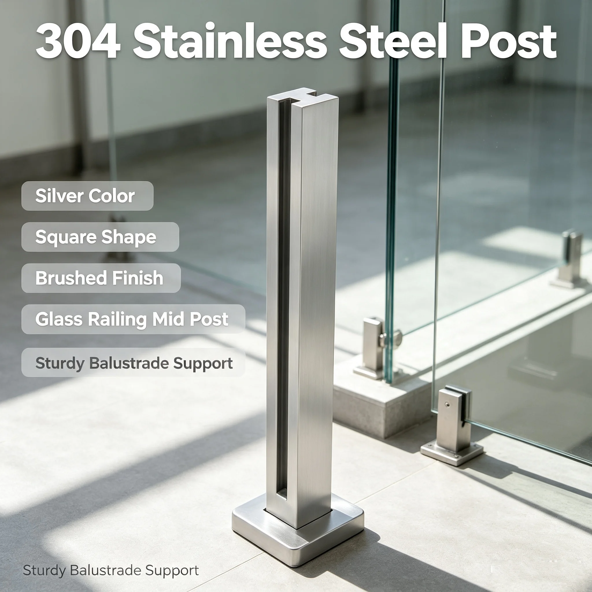 Glass Railing Post, 35.8in 304 Stainless Steel Balustrade Middle Post Indoor & Outdoor Guardrails Glass Stair Railing Post System for Balustrade Balcony Deck Stairs