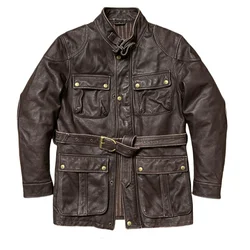 Brown Long Autumn Leather Jacket Men Vintage Style Plus Size 4XL Genuine Natural Cowhide Four Pockets Belt Leather Coat