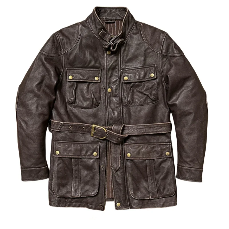 Dark Brown Autumn Leather Jacket Men Retro Style Plus Size 4XL Genuine Natural Cowhide Stand Collar Belt Vintage M65 Coat
