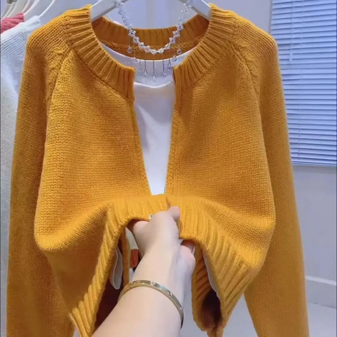 Long Sleeves Short Sweater Jacket for Women's Autumn New Korean Version Loose Slimming Lazy Style Zipper Knitted Cardigan Top