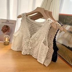 OUMEA Women Knitted Crochet Crop Tank Tops Sleeveless Fabric Buttons Up Cardigans Vest Beach Chic Casual Tops