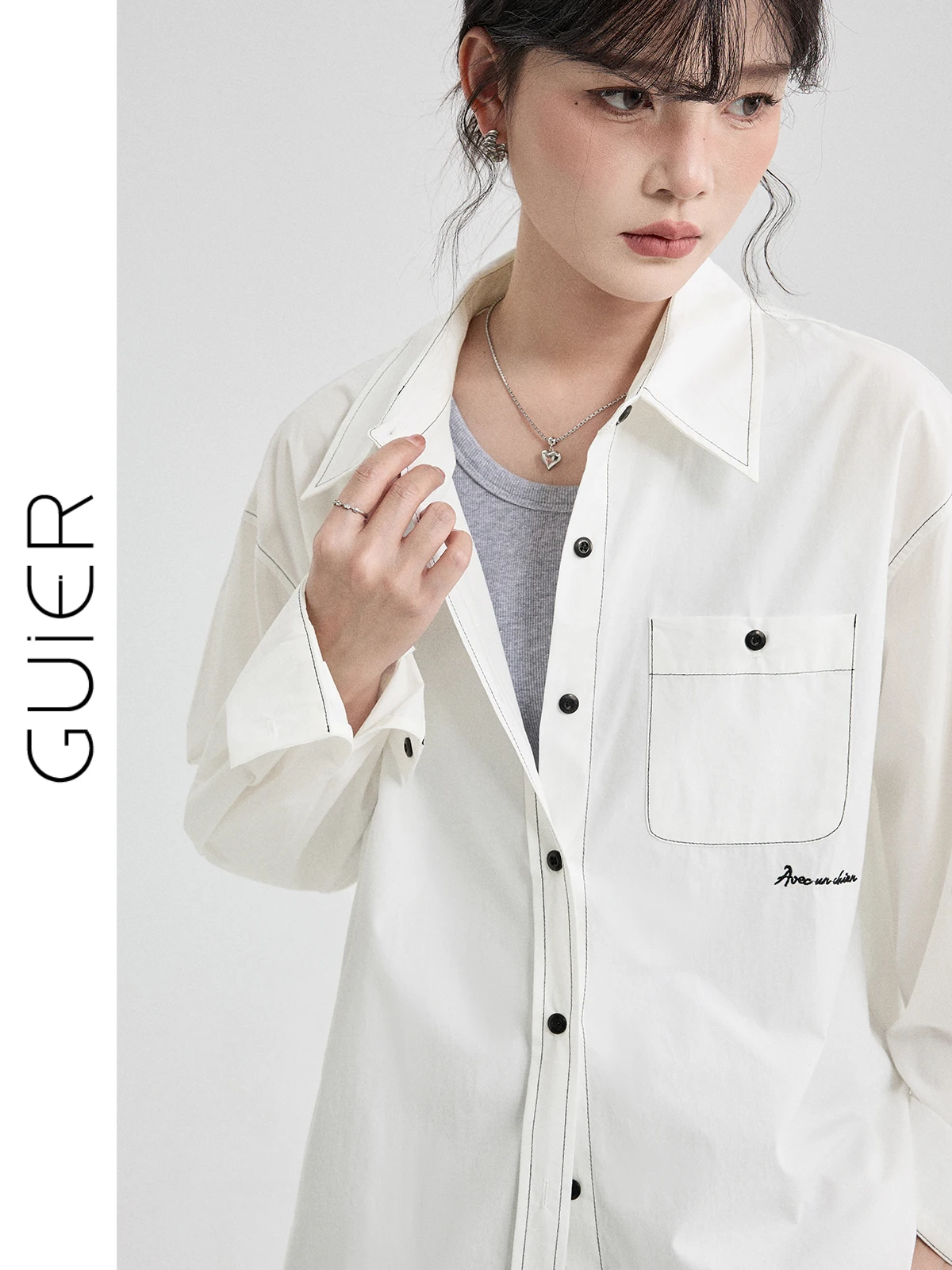 

Pure Cotton Casual Women's Shirt Guier Spring 2026 Loose Fit White Collar Long Sleeve Decorative Stitching