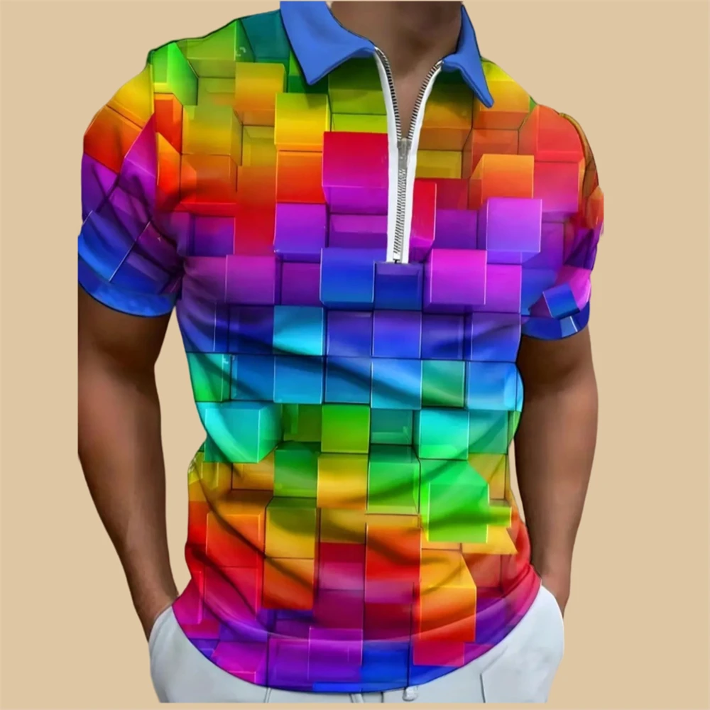 Rainbow Polo Shirt For Men Colorful Print Golf Top Tee Fashion Casual High Quality Men Clothing Loose Oversized Zip Polo T-Shirt