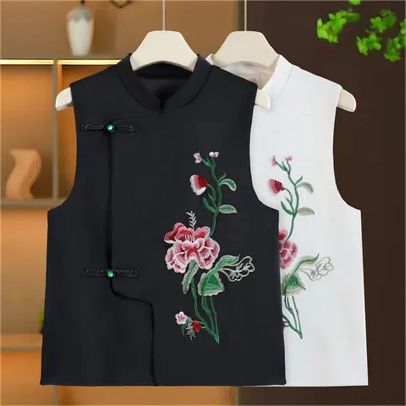 

Retro Buckle Chinese Vest Women Coat Heavy Industry Fashion National Style Embroidered Top Female Waistcoat Sleeveless Jacket