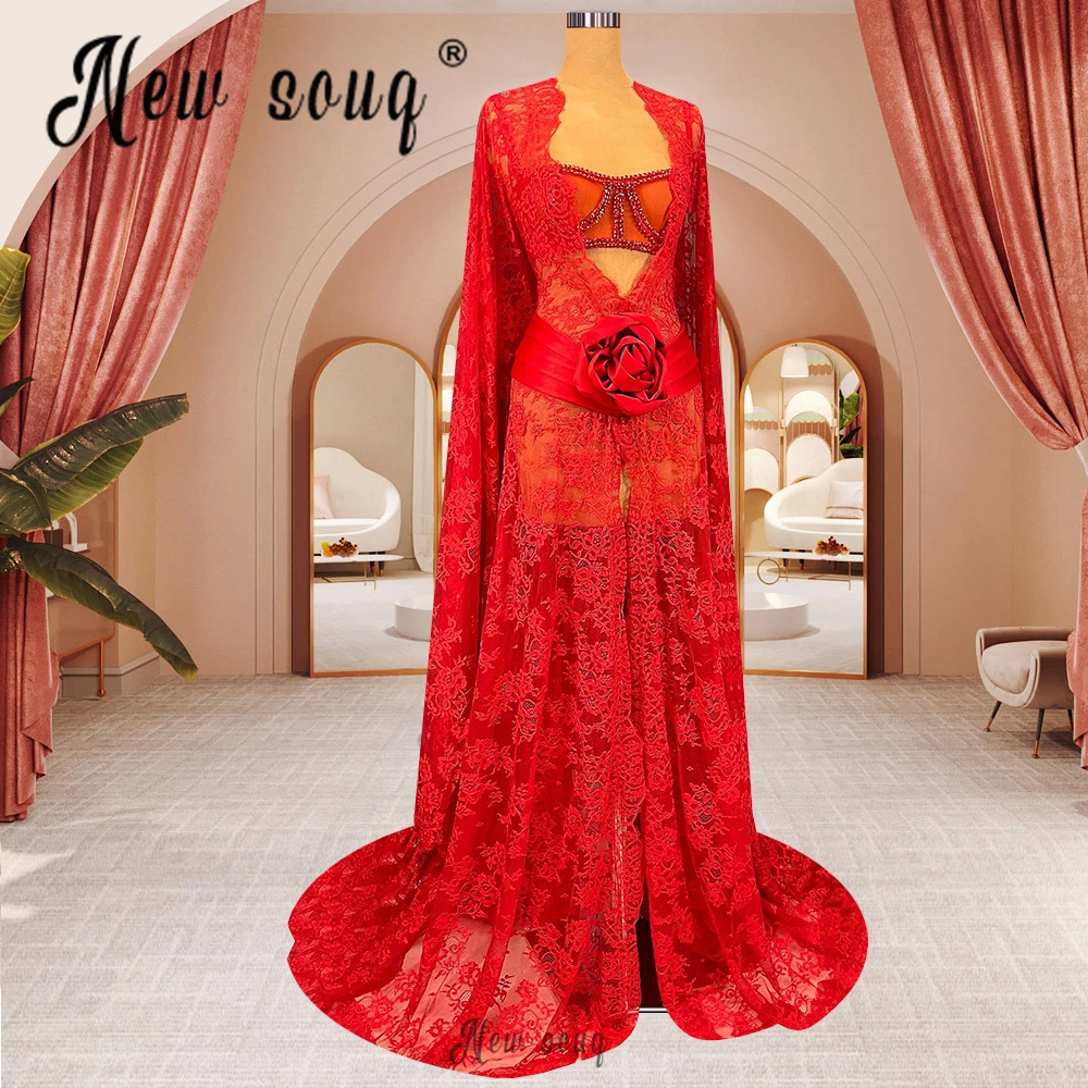 Plus Size African Red Evening Dress Two Pieces Lace Aso Ebi Wedding Reception Dress With Long Cape Sleeve Arabic Formal Dress