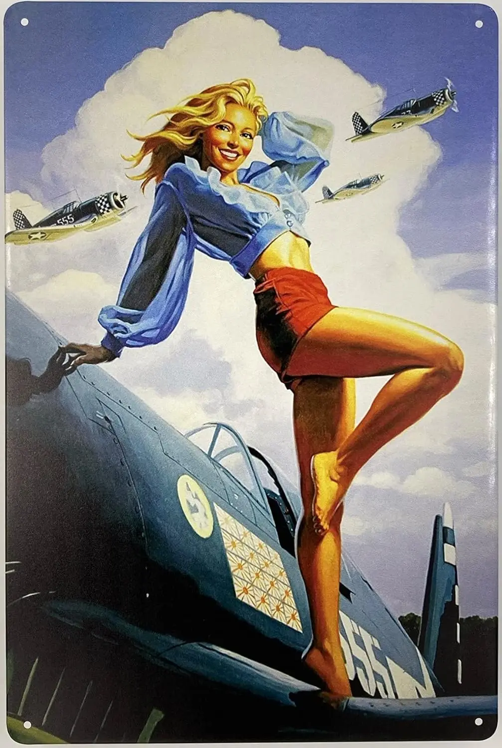 Tin Metal Sign | Pin Up Girl Posing with Airplane 8 x 12 in | VIntage Retro Wall Decoration Garage Bar Room Restaurante Decor