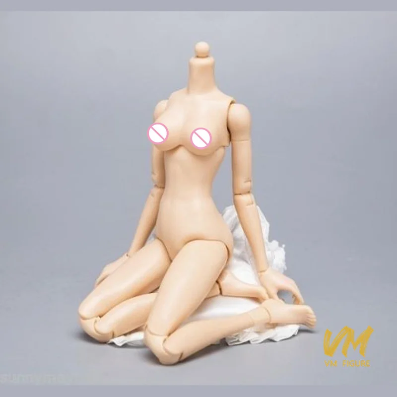 Na stanie 1/6 Figurka żeńska siedząca, jasna, z opaleną, żółtą skórą, średni rozmiar biustu, elastyczna, model figurki akcji pasujący do głowy KUMIK, zabawka.