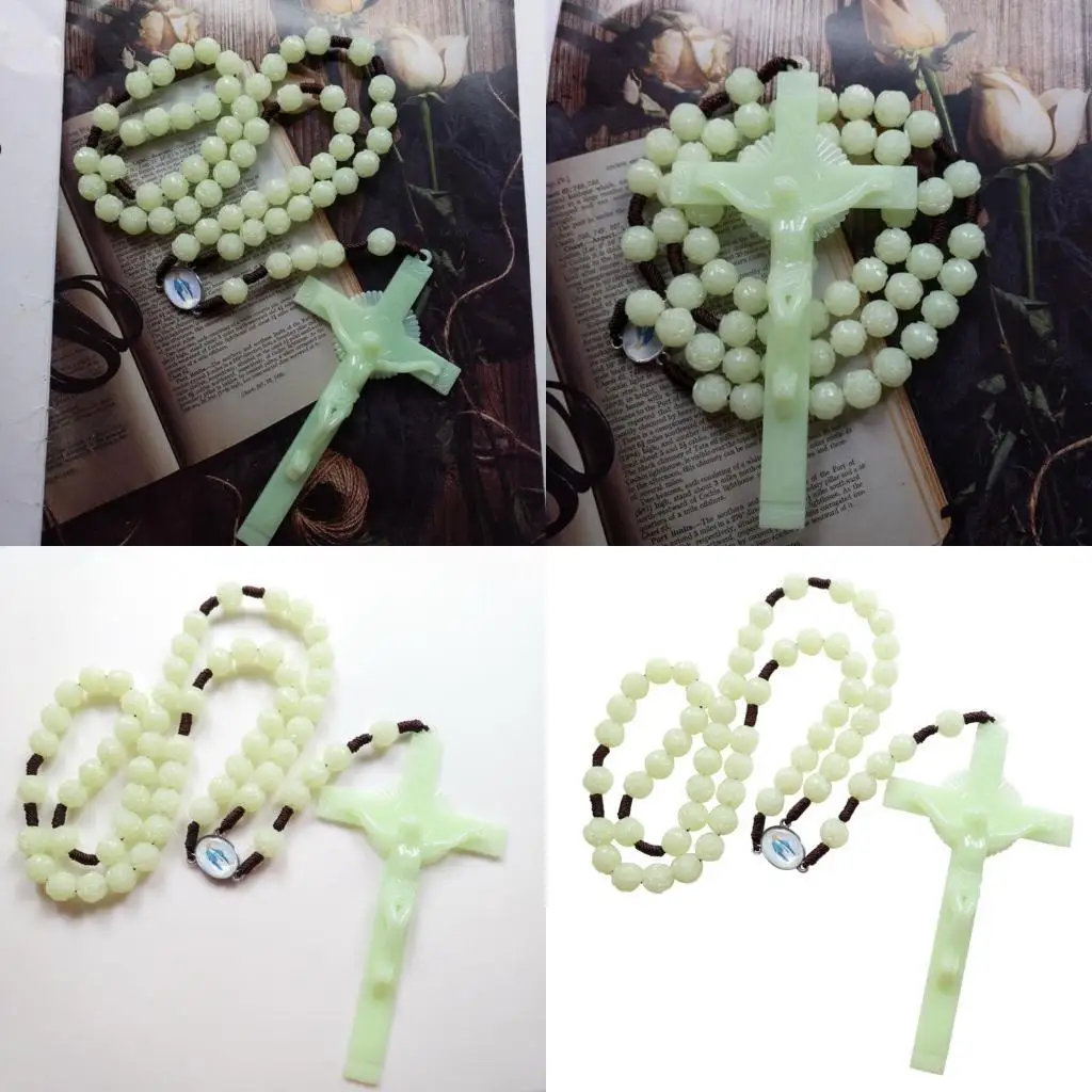 

A52E Luminous Rosary Green Beads Necklace Catholic Rosary Beads with Natural Stone Crucifix Religious Jewelry for Women Men
