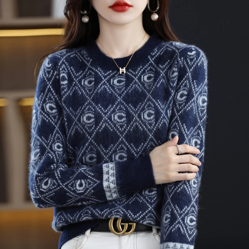 

2024 New Round Neck Retro Jacquard Pullover Base Sweater For Women's Autumn And Winter, 100 Pure Wool Wool Loose Knit Sweater